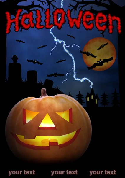 Noche Halloween Póster Con Texto Rojo Grande Calabaza Cara Miedo —  Fotos de Stock