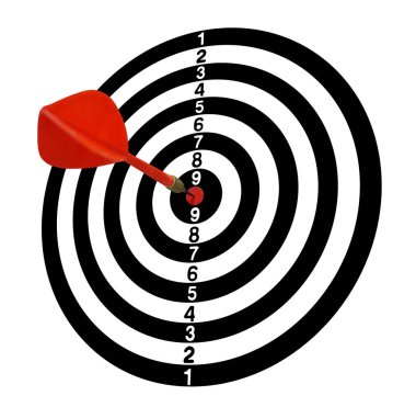 Bullseye hedef. Tam-1. Beyaz sesi. Dart hedef. Kırmızı ok ilk on. Muzaffer atmak. 