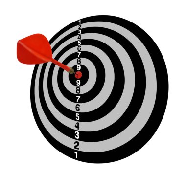 Bullseye hedef. Tam-2. Gri tonu. Dart hedef. Kırmızı ok ilk on. Muzaffer atmak. 