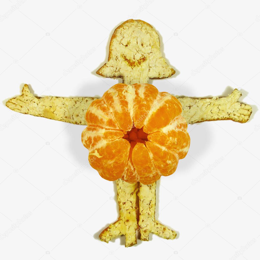 Happy, cheerful smiling girl with handles and legs made of peeled ripe orange fruit and his peel lies on a white background. It gives the viewers a smile and a good mood! Ideal for a funny avatar. Close-up.