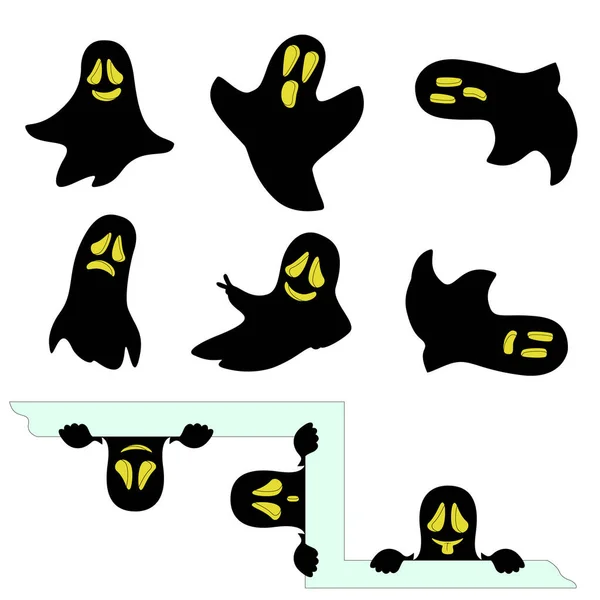 Set 9 zwarte Halloween grappige geesten. Geïsoleerd. Eps-vector. — Stockvector