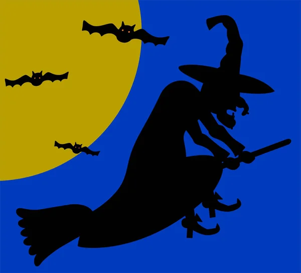 Böse alte Hexe fliegt auf dem Besen in den blauen dunklen Himmel. — Stockvektor