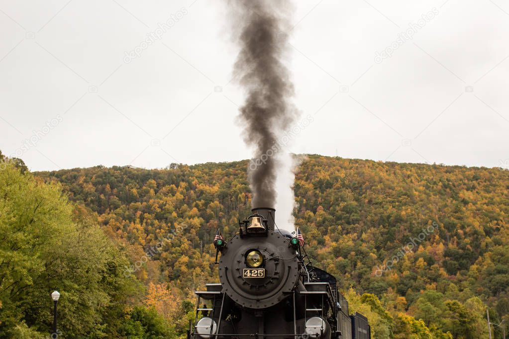 Steam engine train fall trees background