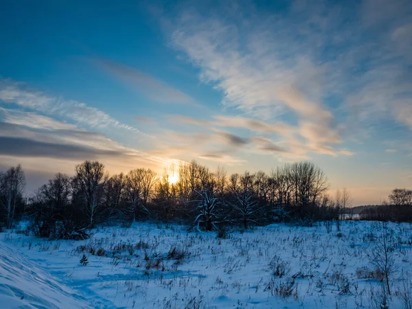 Pôr do sol de inverno sobre o campo e a floresta com nuvens, Novosibirsk, Rússia — Fotografia de Stock