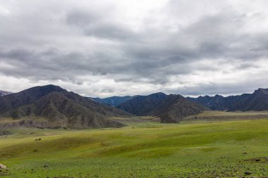 Altay, Rusya'da bozkır ve dağ zirveleri üzerinde gökyüzünde dramatik bulutlar