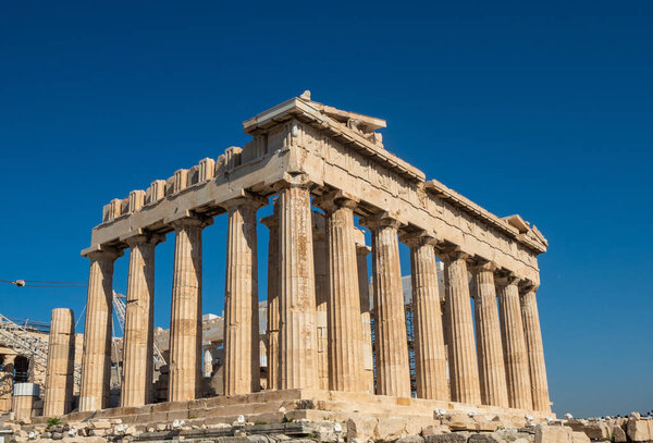 Pantheon of the Athenian Acropolis - the restored ruins of a temple with Doric columns, built in BC, Greece