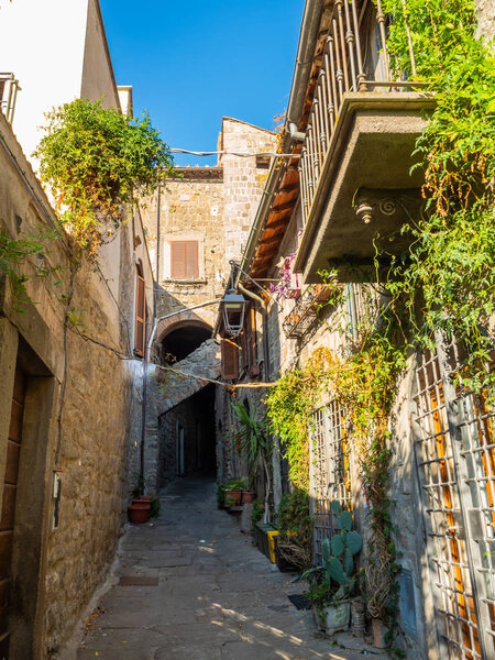 Old stone houses in narrow streets in the old town of Viterbo, Italy