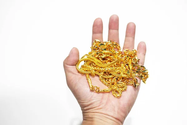 Группа Золотого Ожерелья Руке Изолированы Белом Фоне — стоковое фото