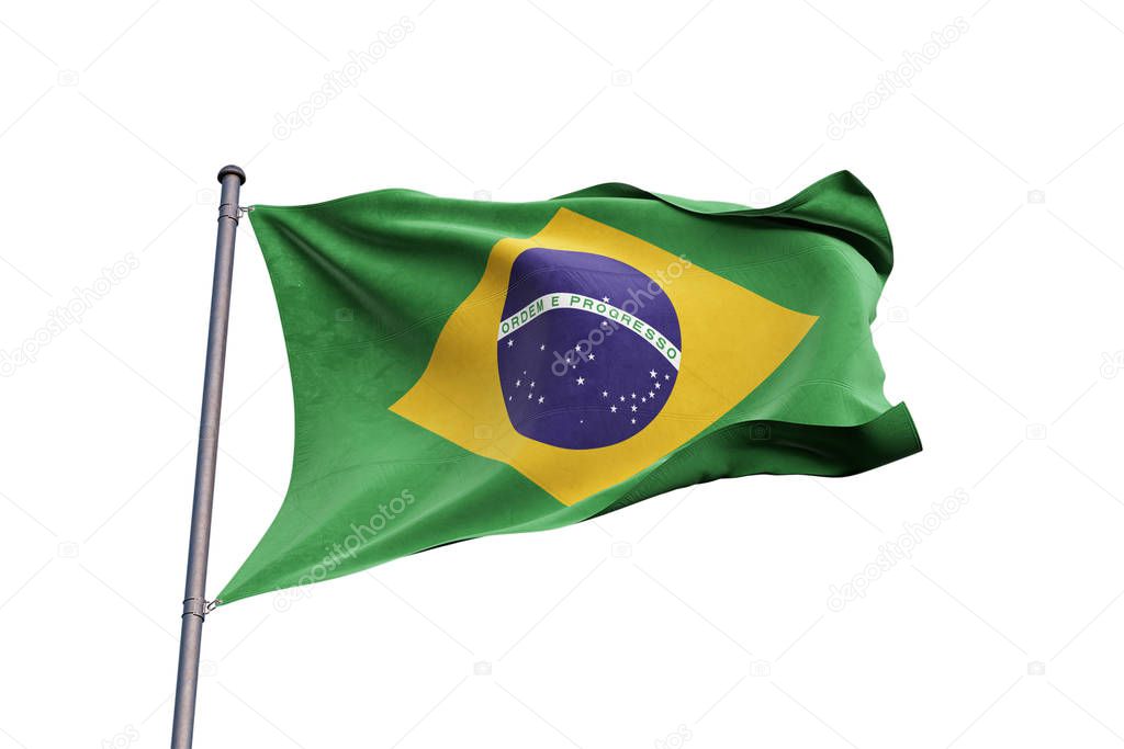 Brazil 3D flag waving on white background, close up, isolated with clipping path
