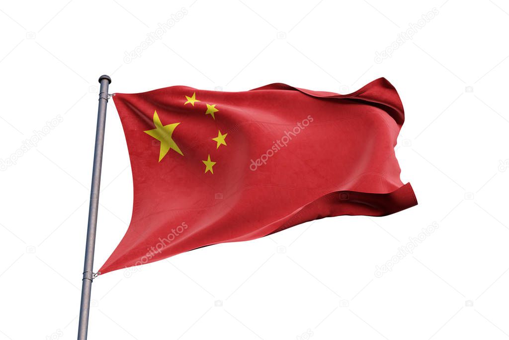 China 3D flag waving on white background, close up, isolated with clipping path