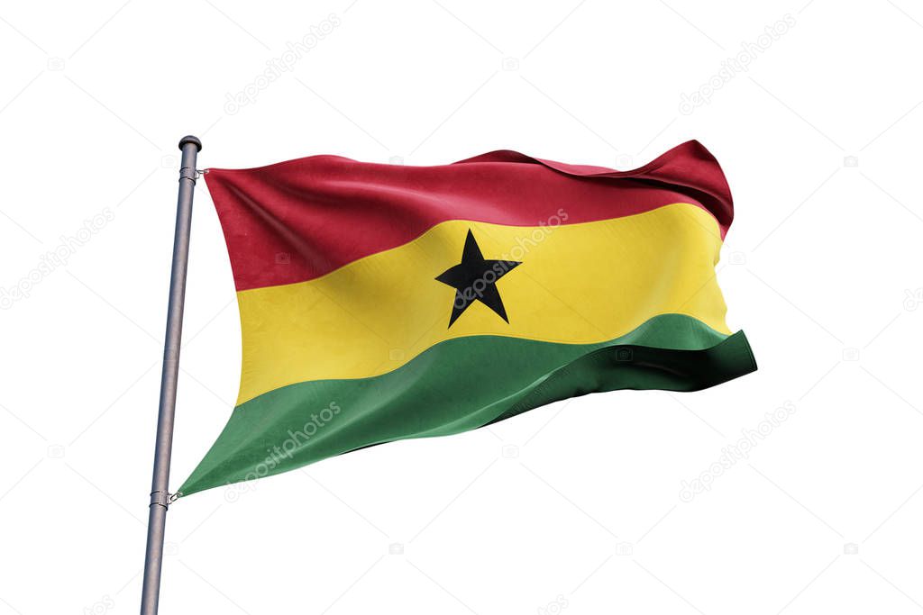 Ghana 3D flag waving on white background, close up, isolated with clipping path