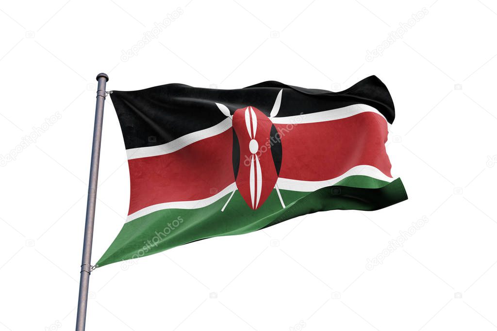 Kenya 3D flag waving on white background, close up, isolated with clipping path