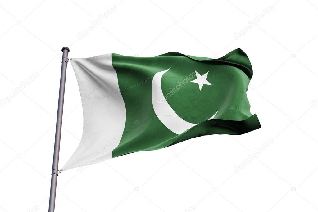 Pakistan 3D flag waving on white background, close up, isolated with clipping path