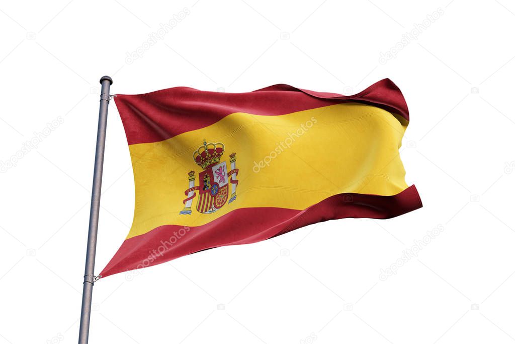 Spain 3D flag waving on white background, close up, isolated with clipping path
