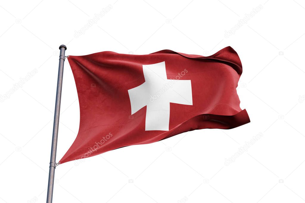 Switzerland 3D flag waving on white background, close up, isolated with clipping path