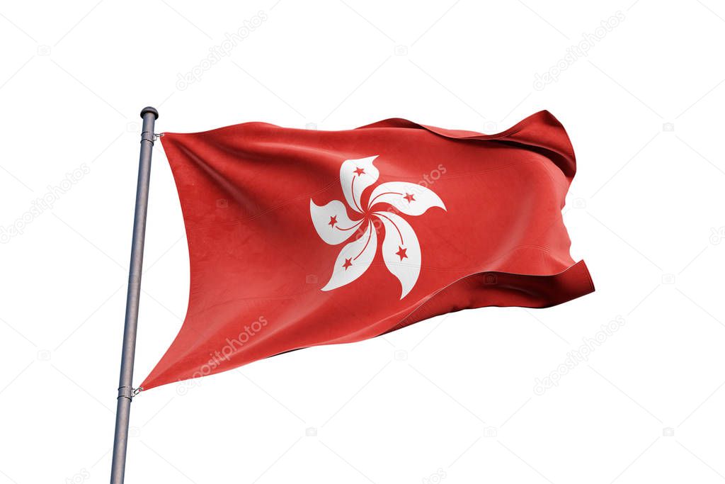 Hong Kong 3D flag waving on white background, close up, isolated with clipping path