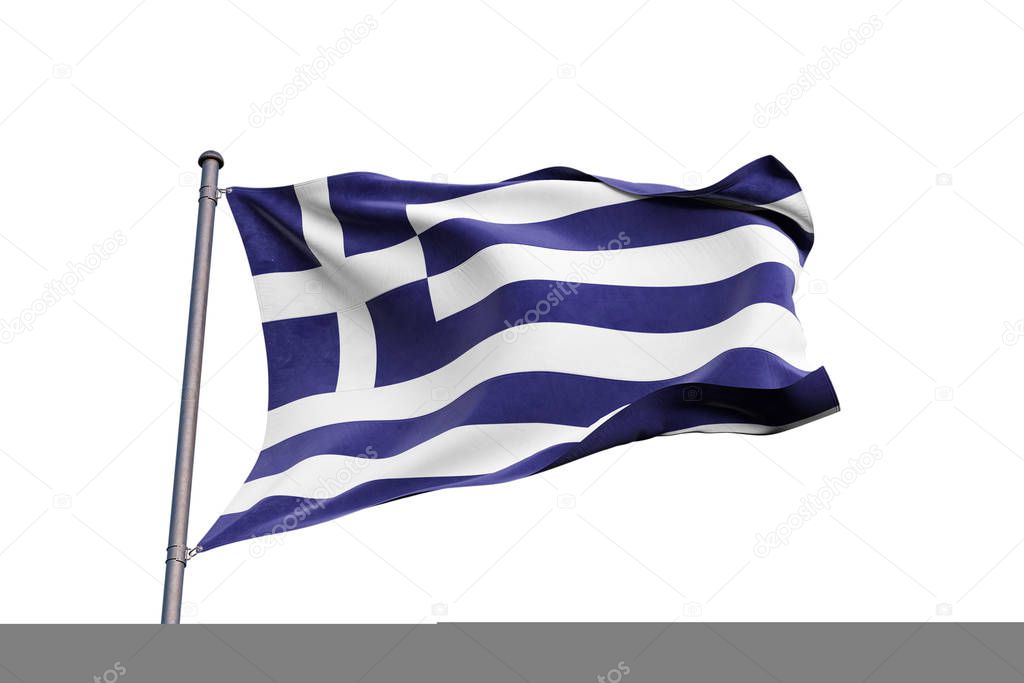 Greece 3D flag waving on white background, close up, isolated with clipping path