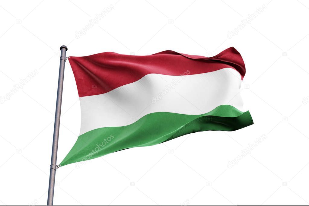 Hungary 3D flag waving on white background, close up, isolated with clipping path