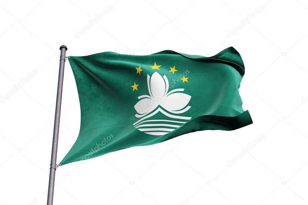 Macau 3D flag waving on white background, close up, isolated with clipping path