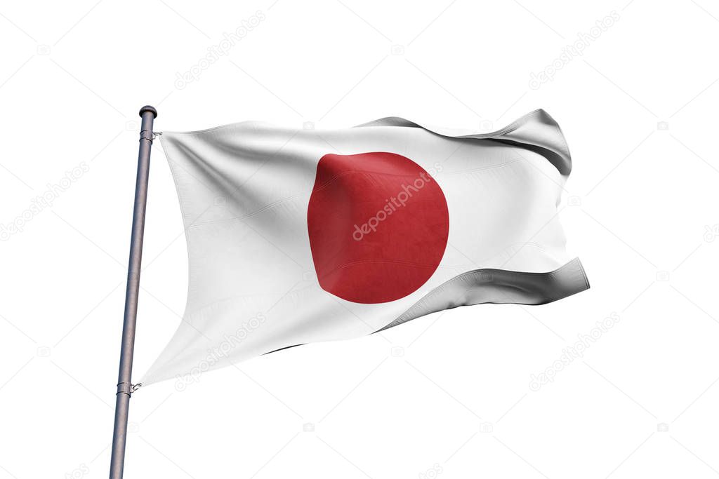Japan 3D flag waving on white background, close up, isolated with clipping path