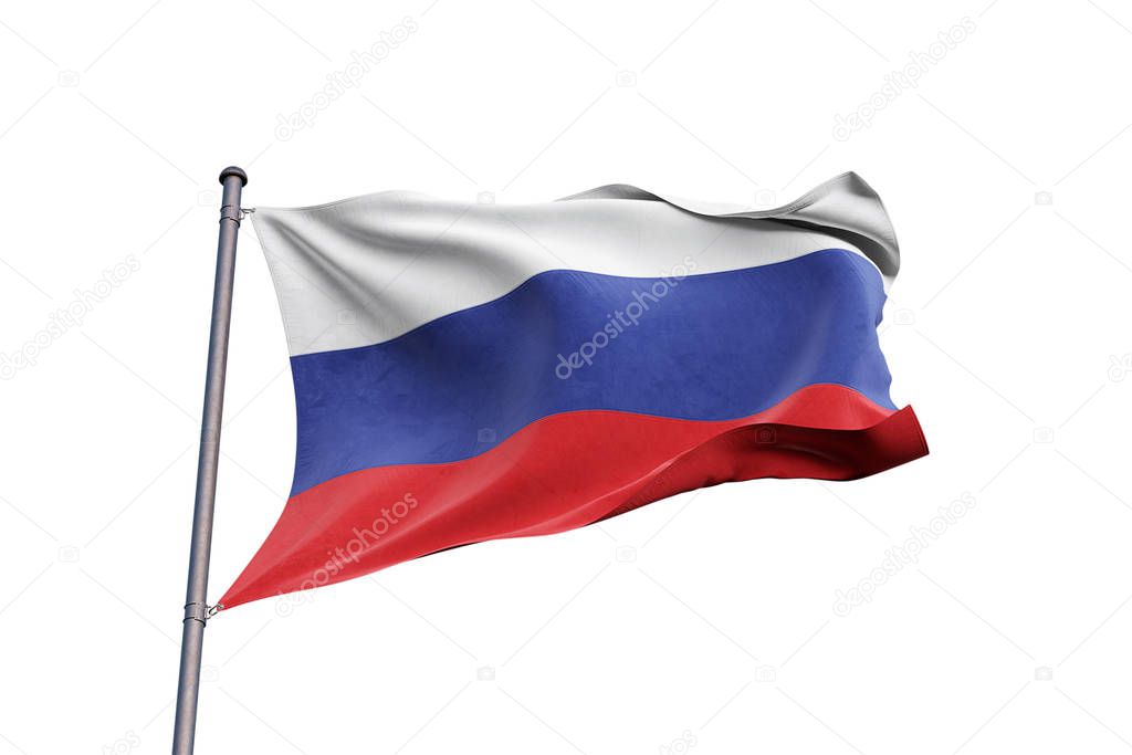 Russia 3D flag waving on white background, close up, isolated with clipping path