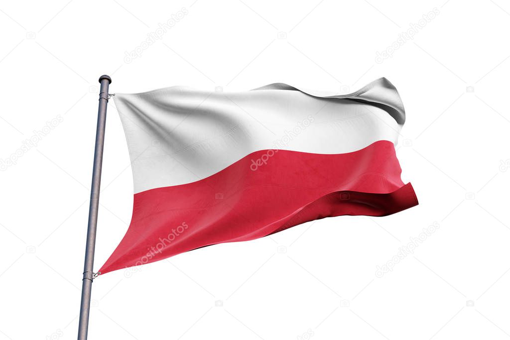 Poland 3D flag waving on white background, close up, isolated with clipping path