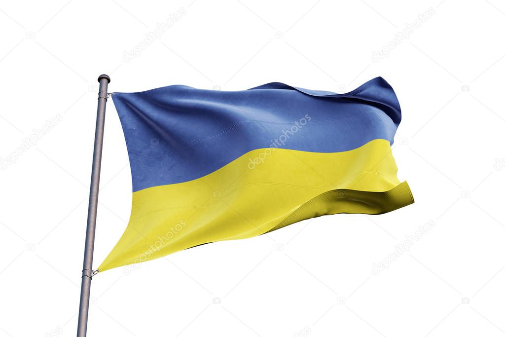 Ukraine 3D flag waving on white background, close up, isolated with clipping path
