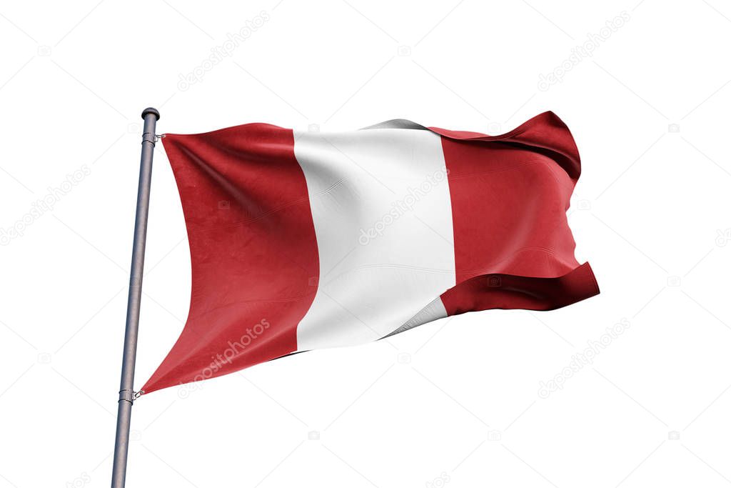 Peru 3D flag waving on white background, close up, isolated with clipping path