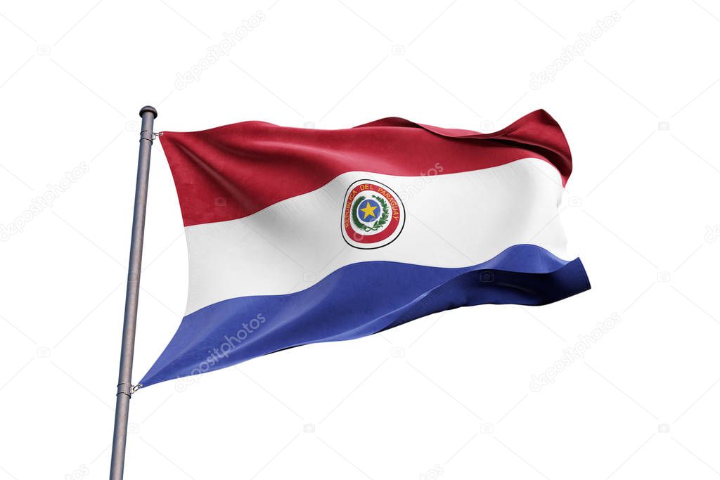 Paraguay 3D flag waving on white background, close up, isolated with clipping path