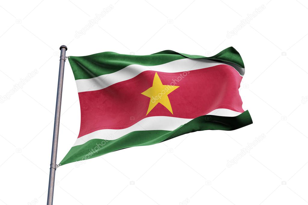 Suriname 3D flag waving on white background, close up, isolated with clipping path