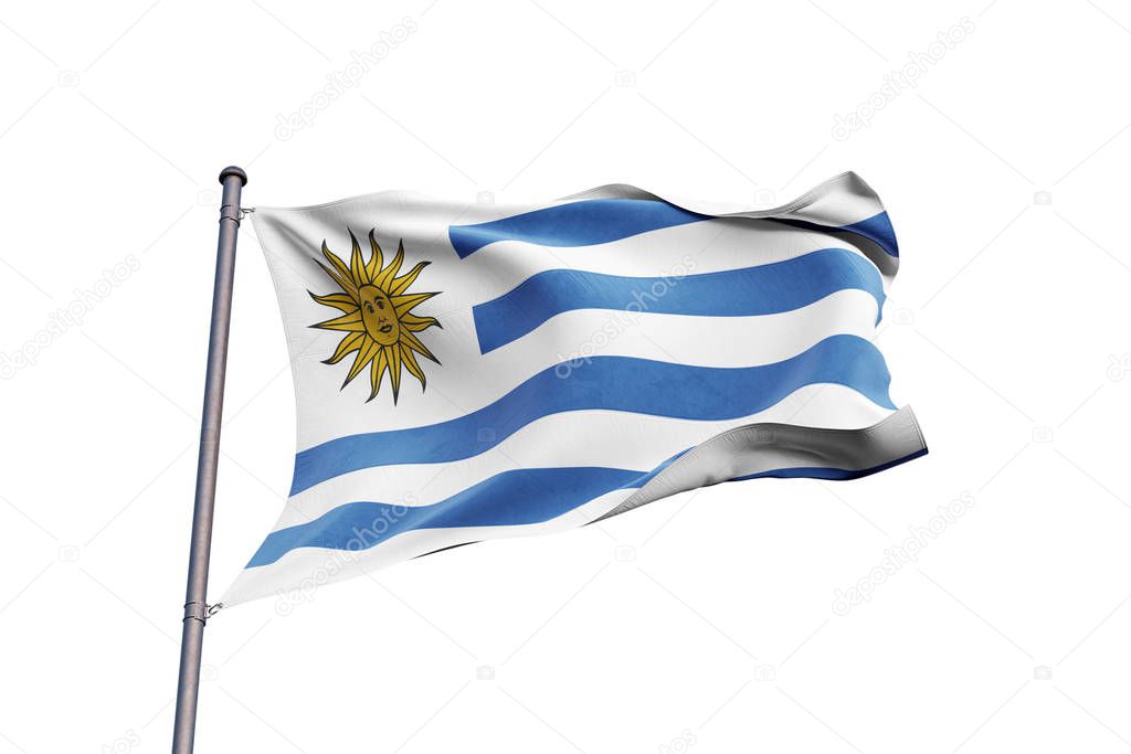 Uruguay 3D flag waving on white background, close up, isolated with clipping path