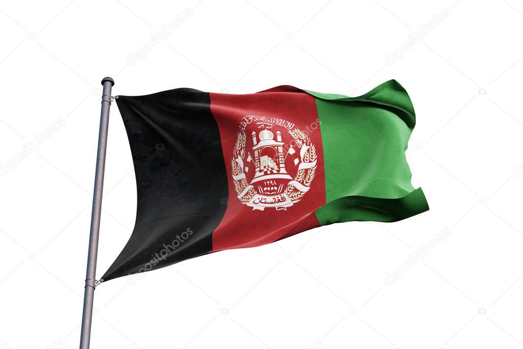 Afghanistan 3D flag waving on white background, close up, isolated with clipping path