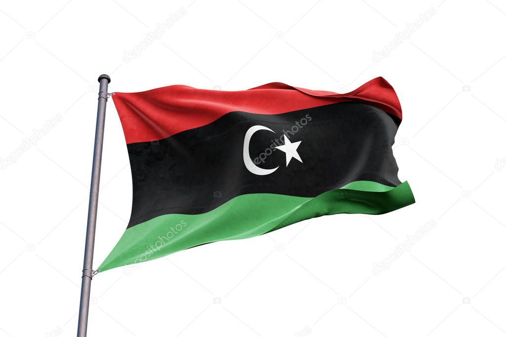 Libya 3D flag waving on white background, close up, isolated with clipping path