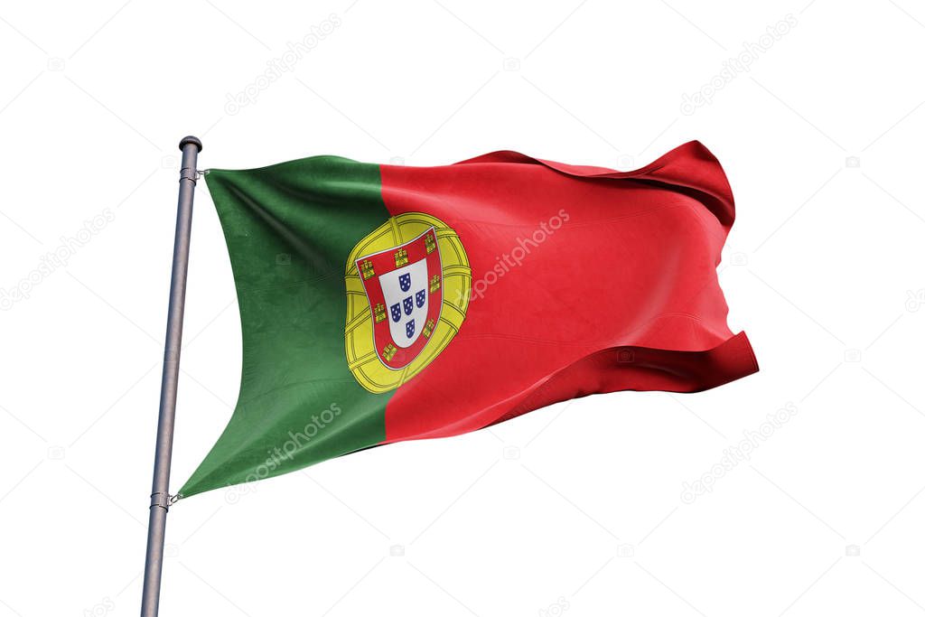 Portugal 3D flag waving on white background, close up, isolated with clipping path