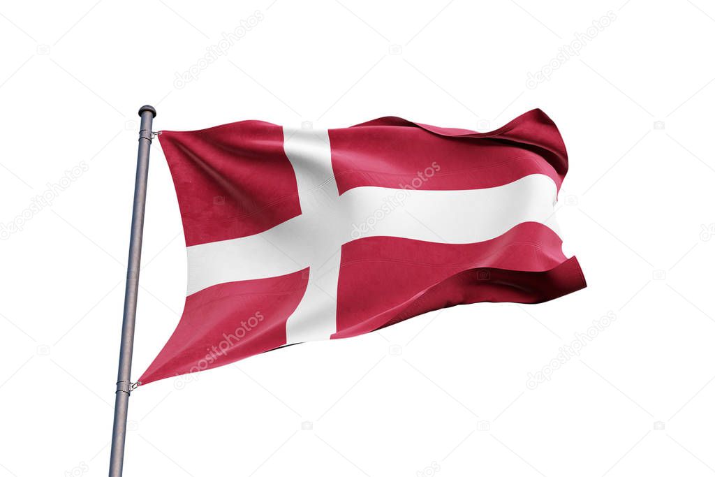 Denmark 3D flag waving on white background, close up, isolated with clipping path