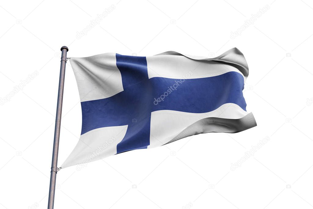 Finland 3D flag waving on white background, close up, isolated with clipping path