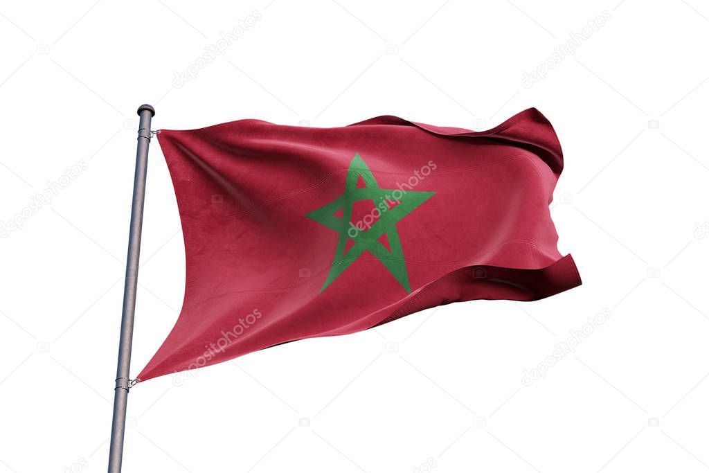 Morocco 3D flag waving on white background, close up, isolated with clipping path