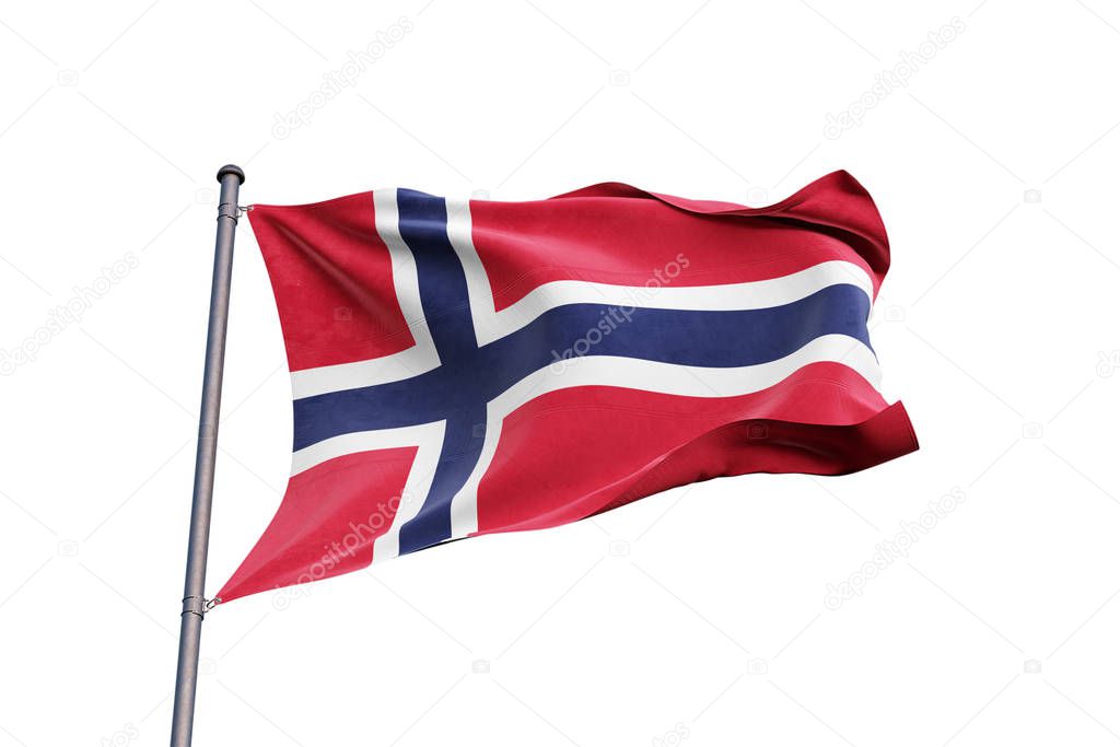 Norway 3D flag waving on white background, close up, isolated with clipping path