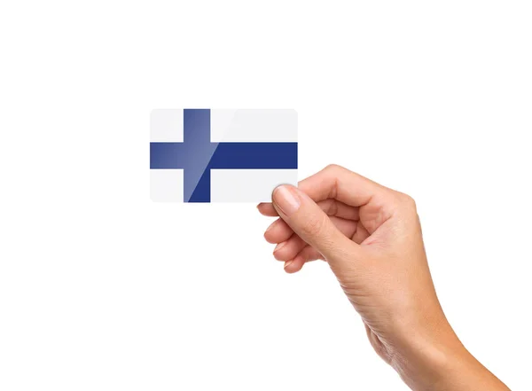 Bandiera Della Finlandia Sulla Carta Bella Mano Nelle Vicinanze Fino — Foto Stock