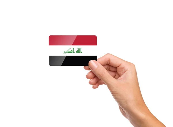Irak Zászló Kártya Gyönyörű Kézzel Közel Elszigetelt — Stock Fotó