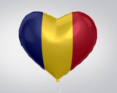 Romanya bayrağı kalp şekli balonunda, 3d illüstrasyon kapatmak