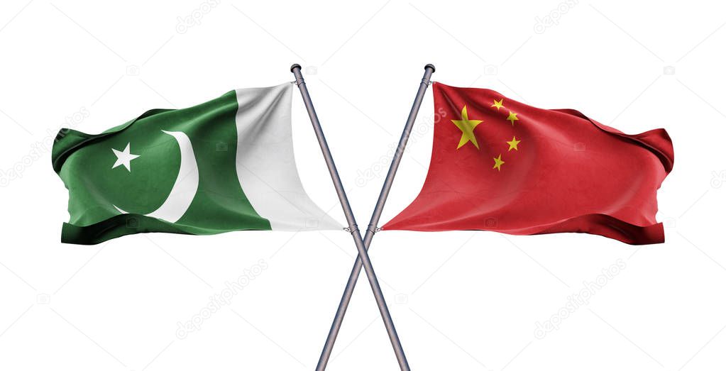 Two Crossed Flags of  Pakistan and China, close up, 3D illustration