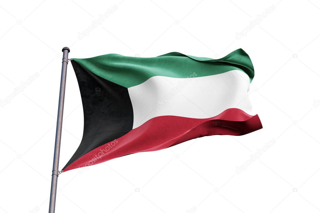 Kuwait 3D flag waving on white background, close up, isolated with clipping path