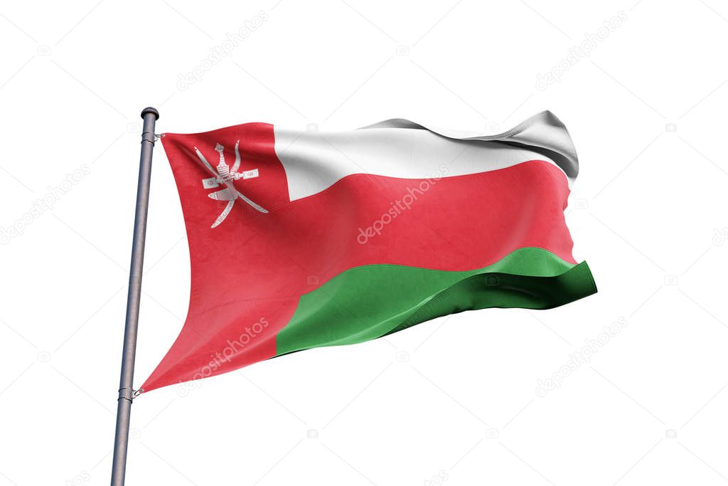 Oman 3D flag waving on white background, close up, isolated with clipping path