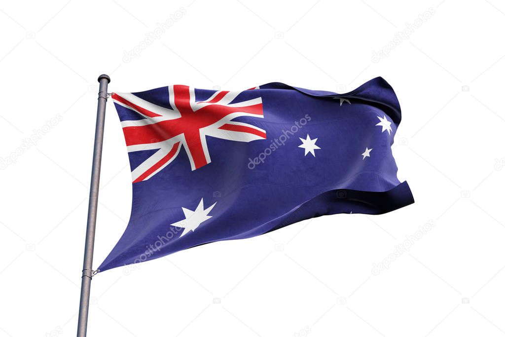 Australia 3D flag waving on white background, close up, isolated with clipping path
