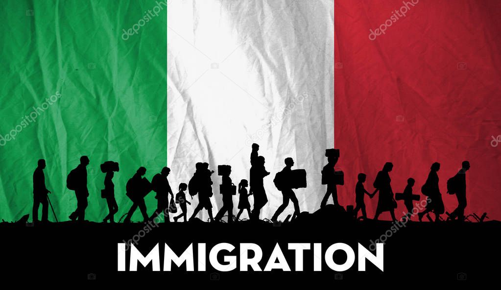 Refugees people in Silhouette walking with flag of Italy in background