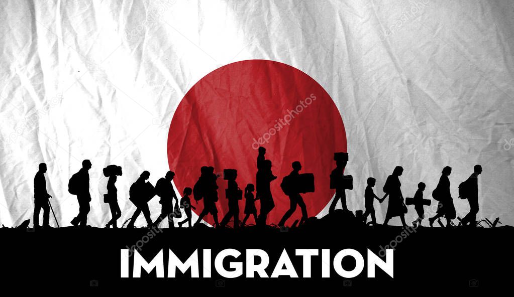 Refugees people in Silhouette walking with flag of Japan in background