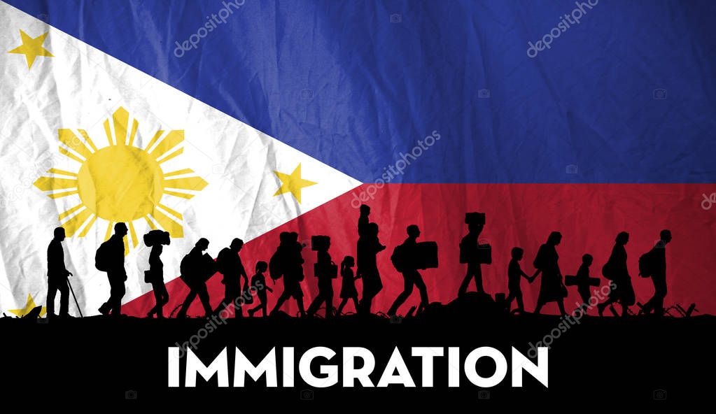 Refugees people in Silhouette walking with flag of Philippines in background
