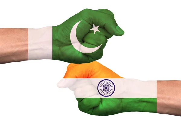 Voorzijde Vuist Van Pakistan India Vlaggen Geïsoleerd Een Witte Achtergrond — Stockfoto