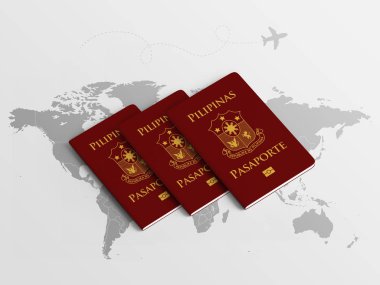 Dünya haritasında seyahat için Filipinler Aile Pasaportları - 3 boyutlu illüstrasyon